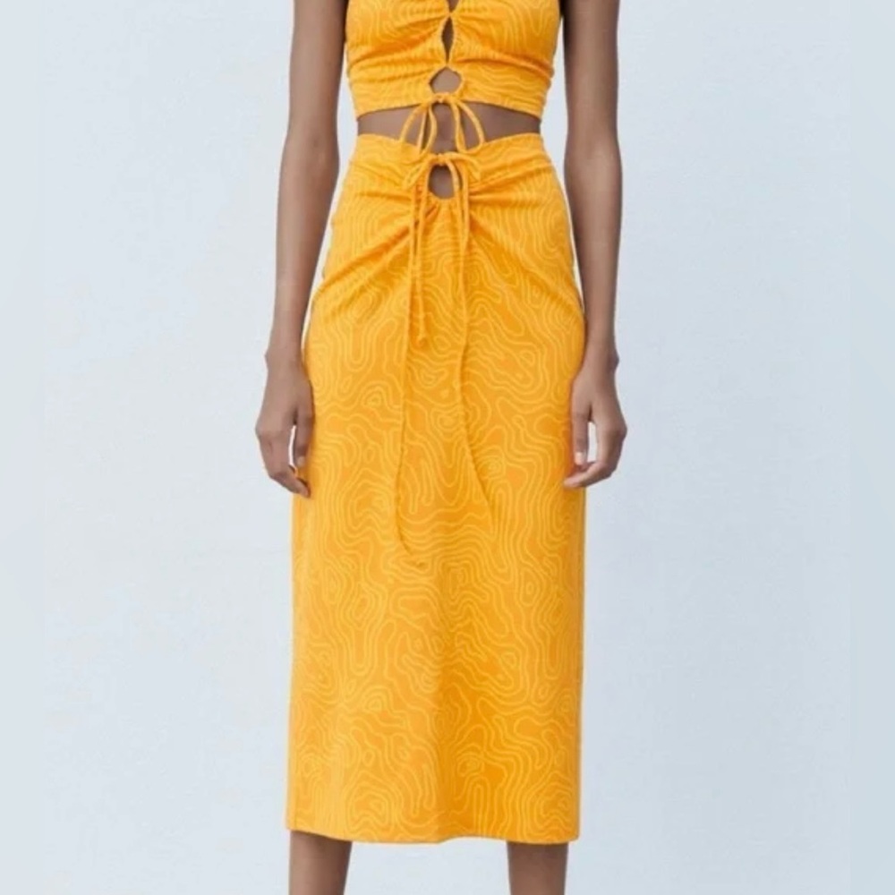 Zara Orange Abstract Printed Cutout Tie Waist Midi Skirt |M|
